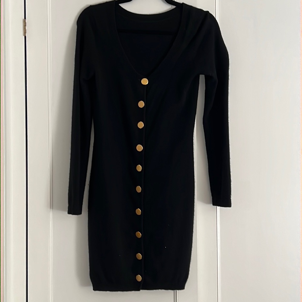 Aqua Cashmere Black Sweater Dress with Gold Buttons